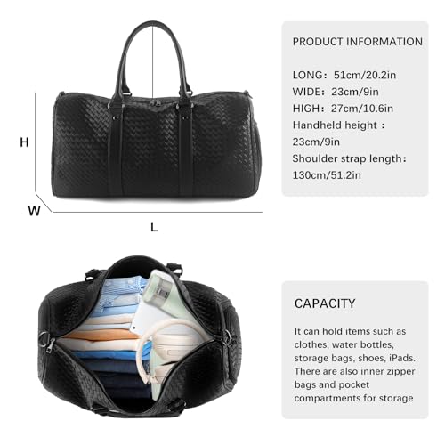 Weekender Bags for Women Woven Leather Travel Duffle Bag Gym Tote (Black) | Carry On Bag for Men with Shoe Compartment Dry and Wet Separation - color: Black