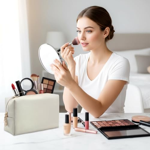Kigeli Leather Makeup Bag PU Leather Cosmetic Pouch Wide-open Waterproof Toiletry Organizer with Dividers Travel Bag Birthday Valentine's Day Gifts for Women Friend Sister Daughter BFF(Beige) - color: Beige
