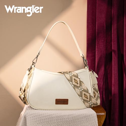Wrangler Shoulder Bag for Women Western Small Purse Hobo Handbag | Aztec, Underarm Bag, 2 Detachable Straps, Secure Zipper Closure, Back Pocket, Crossbody Bag for dates, travel and everyday - color: Beige