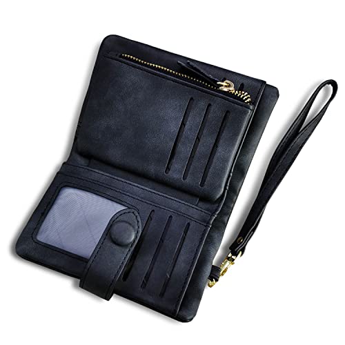 AOXONEL Women's Small Bifold Leather wallet Rfid blocking Ladies Wristlet with Card holder id window Coin Purse - color: Black