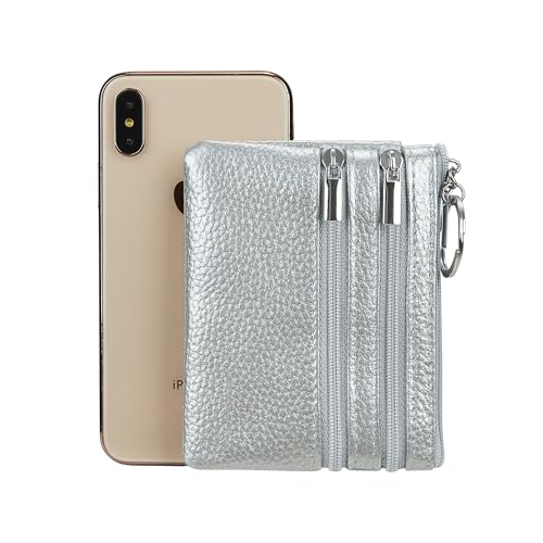 Women Genuine Leather Coin Purse Small Keychain Change Wallet - color: Silver