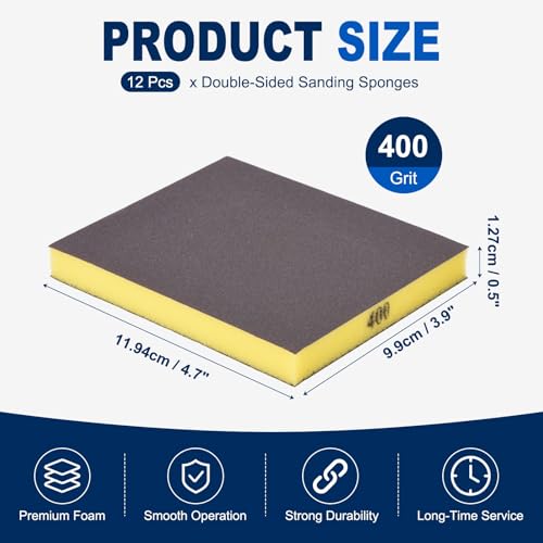 12Pcs 400Grit Double-Sided Sanding Sponges, Washable & Reusable | Handmade Sanding Blocks - Wet Dry Flexible Sandpaper Abrasive Brick Pads for Wood Drywall Metal Polishing, Yellow - size: 400Grit