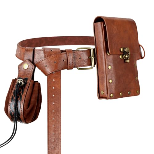 Renaissance Belt Pouch Medieval Pirate Costume Accessories Set for Cosplay | Viking Faux Leather Waist Bag, Skirt Hike Clips, Perfect for Women and Men Ren Faire, LARP, Fantasy, Halloween - color: Brown-M