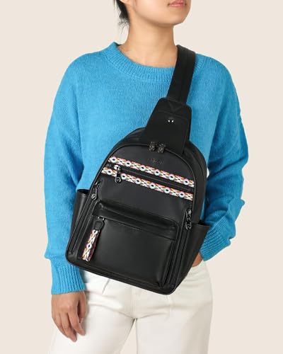 Large Sling Bag for Women, Designer 10L Leather Crossbody Purse | Anti Theft Sling Backpack, RFID Fanny Packs for Travel, Ideal for Vacation Walking Daily Errands - color: Pure Black