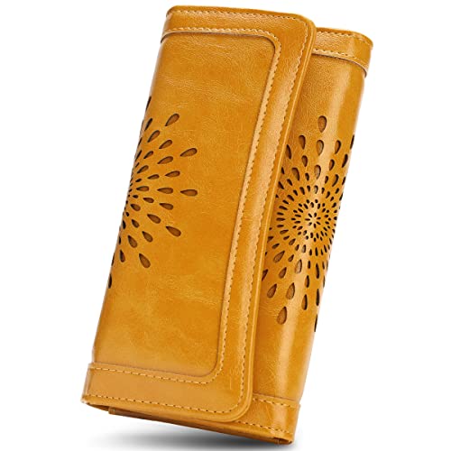 APHISON Womens Wallets RFID Blocking Leather Clutch Long Wallet for Women Card Holder Phone Organizer Ladies Travel Purse Hollow Out Sunflower Design Gift - color: DARK-YELLOW