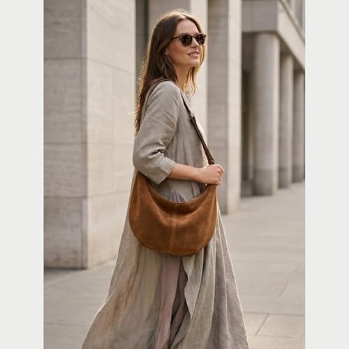 Suede Crescent Crossbody Bag for Women, Hobo Shoulder Purse | Soft faux suede with zipper closure, ideal for everyday use, work, travel, and casual outfits - color: Brown