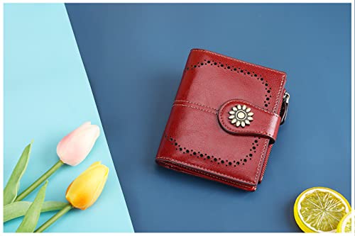 Womens Leather Wallet Small Compact RFID Blocking Credit Card Case Purse with Zipper Pocket | Small - color: Dark Red