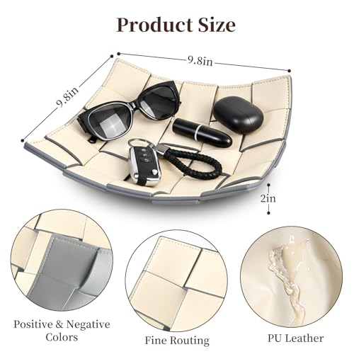 MSJGA Valet Tray PU Leather Key Holder Bowl for Women and Men Entryway Table Nightstand Desk Tray for Wallet, Keys Men's Gift - Beige & Gray, 9.8" L x 9.8" W x 2" H - color: Beige + Gray