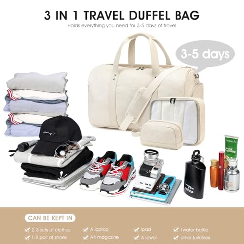 3PCS Faux Leather Weekender Bag for Women Men Travel Bag Overnight Bags | Leather Travel Duffel Bags for Traveling with Shoe Compartment Toiletry Packing Cube Carry On Tote Bag Men Fit 21.5" Laptop - color: White