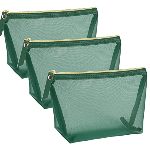 3pcs Mesh Cosmetic Bags, Nylon Makeup Pouches with Leather Pull and Golden Zipper for Purse Diaper Bag (Emerald Green) - size: Vertical