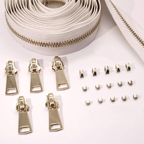 #8 Heavy Duty Metal Zipper by the Yard 3 Yards with 5 Sliders 10 Top Stops and 5 Bottom Stops for Tents Backpacks Outdoor Gear Cushion Covers DIY Pouches and Home Decor(White/Gold Teeth) - color: White/Gold Teeth