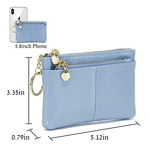 Women PU Leather Zip Mini Coin Purse With Key Ring Triple Zipper Card Holder Wallet (Blue) - color: Blue