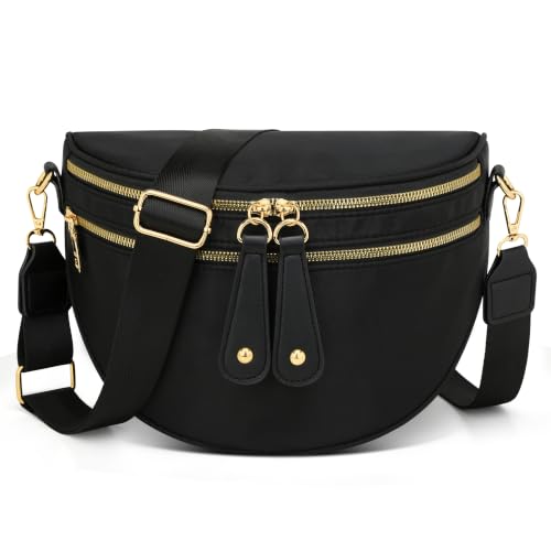 KKXIU Crossbody Bags for Women Nylon Travel Fanny Packs | Large Bum Bag | Spacious Trendy Shoulder Purse - color: Large-Black