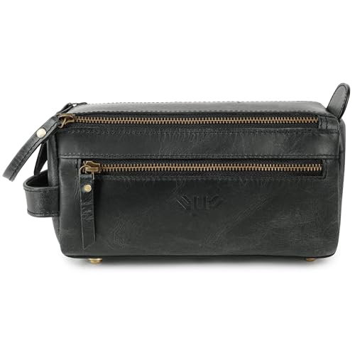 Premium Handmade Leather Toiletry Bags for Men and Women, Genuine Leather Dopp Kit and Shaving Bag for Men, Travel Cosmetic Bag for Women's and Men's, Zipper Pocket, Black - color: Distressed Black (Large)