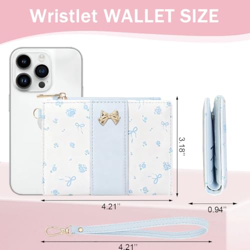 Floral Bow Small Zipper Wallet for Women Girls (BIFOLD-BLUE) | Bifold Wallet, Zipper Coin Pocket, ID Window, 5 Card Slots, Removable Wrist Strap - color: BIFOLD-BLUE