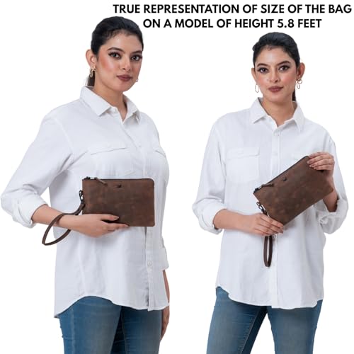 Leather Wristlet Wallet for Women Clutch Handbag Purse with Cell Phone Slot | Genuine Top Grain Leather, 8 Credit Card Slots, Detachable Strap, YKK Zipper, Gifts for Women - color: Cognac Crazy Horse