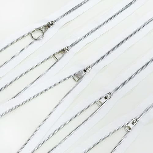 #5 Heavy Duty Metal Zipper 5 Pieces 1 Yard Long Each(White/Silver Teeth) | 10 sliders, 20 top stops, pre-cut 1 yard each, for bags, pillows, jackets, DIY crafts, home decor - color: White/Silver Teeth