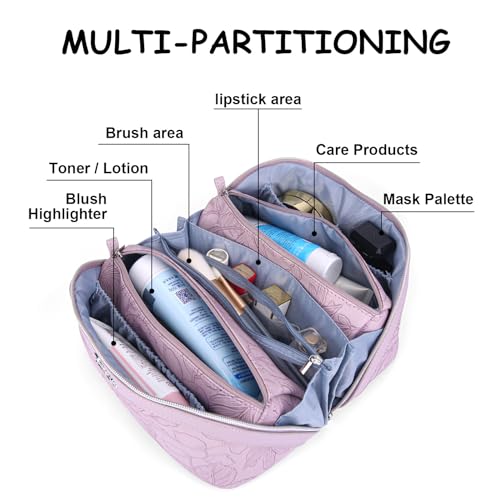 BOYATU Travel Makeup Bags Cosmetic Organizer Bag: 3-Set Make up Bag | Large Capacity PU Leather Toiletry Bags for Women - Wide Open Portable Pouch with Divider & Handle(Purple) - color: 01-Z-Light Purple