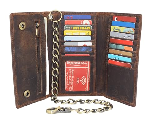RFID Blocking Mens Tri-fold Long Style Crazy Horse Leather Steel Chain Wallet, (Skull Brown Painted Bright) - color: Skull Brown Painted Bright