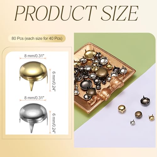 HARFINGTON 80pcs Round Dome Rivets 8mm Copper 4 Claw Rivet Metal Spike Studs Spots Punk Rock for Leather Craft Clothes Belt Bag Shoes Bracelet Accessories, Silver/Gold - color: Silver/Gold, size: 8mm