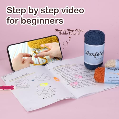 Hanfetch Crochet Kit for Advanced or Intermediate Beginner, Step by Step Video Tutorial and Detailed Guide Instruction DIY Craft Supplies for Adult and Kid with Complete Kit for Granny Square Tote Bag - color: Blue-Orange