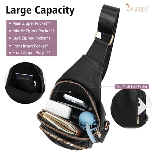 Sling Bag for Women Crossbody Leather Fanny Packs Chest Bag Fashion Sling Backpack Travel JASGOOD - color: Black-gold Hei