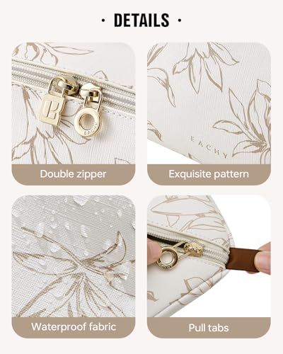 EACHY Travel Makeup Bag, Floral Cosmetic Bag for Women, Beige, Medium | Water-resistant PU Leather Flat-Open Toiletry Bag with Clear TPU Brush Compartment for Makeup, Skincare & Travel Essentials - color: AA-Beige, size: Medium