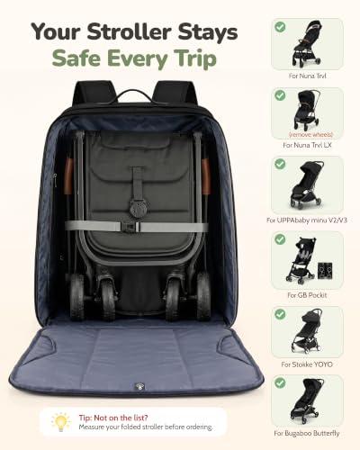 YOREPEK Padded Stroller Bag for Airplane with PU Leather Pocket Design | Expandable Fits Compact Strollers, Gate Check Stroller Bag Backpack with Tracker Pocket for AirTag, Luggage Tag - color: Black
