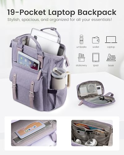 LOVEVOOK Laptop Backpack for Women with Giant Tumbler Holder Pocket,17.3 inch Waterproof Travel Backpack Purse Computer Laptop Bag - color: Purple With Cup Holder, size: 17.3 inch