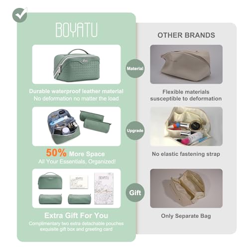 BOYATU Travel Makeup Bag Cosmetic Bags for Women: 3 Pcs Set Make up Bag | Large Capacity Waterproof Vegan Leather Organizer Bags with Compartments - Lay flat Toiletry with Handle (L10 Grass Green) - color: L10 Grass Green