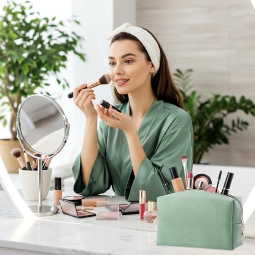 Kigeli Leather Makeup Bag PU Leather Cosmetic Pouch Wide-open Waterproof Toiletry Organizer with Dividers Travel Bag Birthday Valentine's Day Gifts for Women Friend Sister Daughter BFF(Green) - color: Green