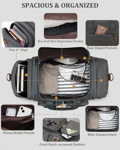 Gonex Duffle Bag for Travel, Expandable 60L Overnight Weekender Gym Bag | Water-Resistant Canvas, Wet-Dry Pocket, Luggage Sleeve, Carry-On Size, Detachable Strap, Grey - color: Grey, size: X-Large-60l