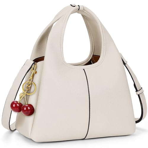 Women's Top Handle Handbag Small Satchel Bags Trendy Hobo Purse Crossbody Bag Faux Leather Shoulder Bag Satchel Purse - color: Beige With Cherry