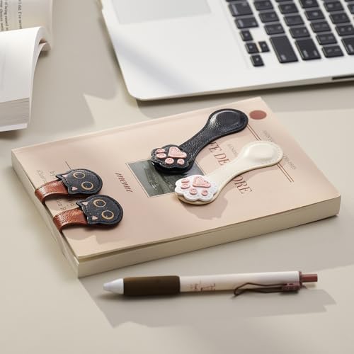 Ovesmusl 2Pcs PU Leather Paw Magnetic Bookmarks with Pen Holder | White and black set with double-sided magnets, gift box included, for books, notebooks, magazines, readers and teachers - style: Paw (White+Black)