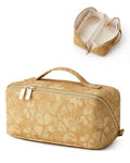 EACHY Makeup Bag, Waterproof PU Leather Travel Toiletry Bag for Women, 180° Wide-Open Flat Cosmetic Bag, Large Capacity Makeup Pouch with Divider and Handle - color: CF-Yellow Print, size: Medium