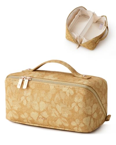 EACHY Makeup Bag, Waterproof PU Leather Travel Toiletry Bag for Women, 180° Wide-Open Flat Cosmetic Bag, Large Capacity Makeup Pouch with Divider and Handle - color: CF-Yellow Print, size: Medium