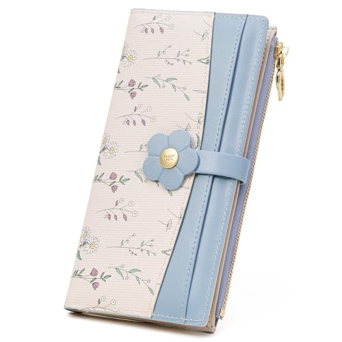 GAEKEAO Womens Wallet Slim Thin RFID Blocking Bifold Floral Vegan Leather Card Holder Large Capacity Wallet with Zipper Pocket - color: Y-Blue
