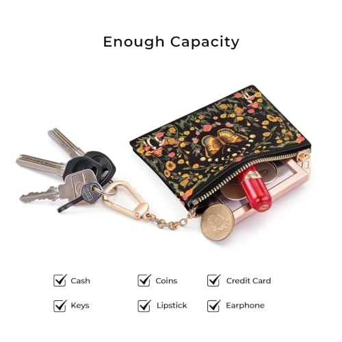 Butterfly Moon Keychain Coin Purse for Women, Small Change Pouch | Mushroom Floral Key Chain Purse, Tiny Zipper Pocket, PU Leather, Travel Wallet for Girls, Coin Holder, Key Ring, Women Gifts - color: Butterfly Moon