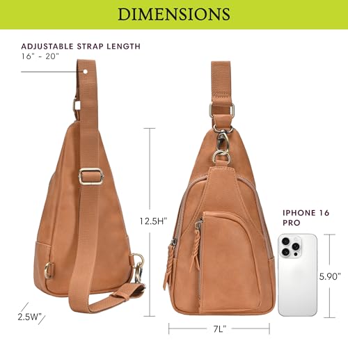 Antik Kraft Tasha Crossbody Sling | Vegan Leather Crossbody Bag for Women with 16-20" Strap | Sling Bags for Women - color: Camel