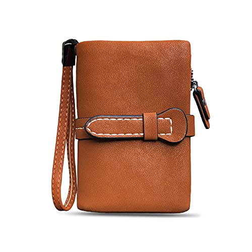 AOXONEL Women's Small Bifold Leather wallet Rfid blocking Ladies Wristlet with Card holder id window Coin Purse - color: Brown3