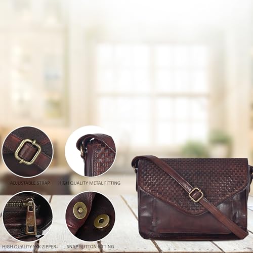Ozora Genuine Leather Crossbody Purse for Women, Shoulder Bag - color: Brown Weaving
