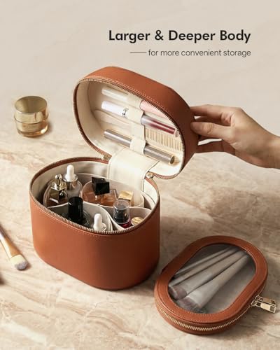 Prite 2 Pcs Makeup Bag Set Travel Cosmetic Case with Clear Pouch for Women | Removable Divider, Vanity Case, Waterproof, Vegan Leather, Elastic Slot, Dual Zipper, Structured, Easy Clean - color: Brown