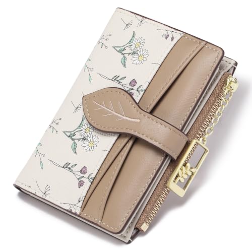 GAEKEAO Small Wallets for Women RFID Blocking Bifold Floral Vegan Leather Wallet Card Holder with Zipper Pocket ID Window - color: A02-Khaki