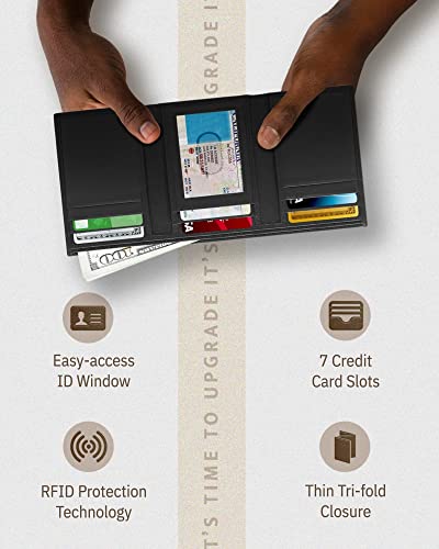 Trifold Wallets for Men - Slim RFID Blocking Wallet for Securing Personal Data - Front Pocket Friendly Genuine Leather Wallet - Mens Wallets Trifold with ID Window - Tri Fold Wallet Gifts for Men - color: Black
