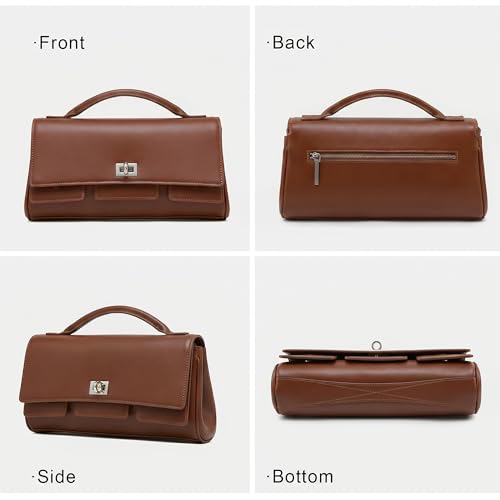 Genuine Leather Shoulder Bag for Women Top Handle Handbag Crossbody Purse | Silver-Tone Turn-Lock Closure, Adjustable Shoulder Strap, Smooth Zipper and Organized Interior with Convenient Card Slots - color: Brown