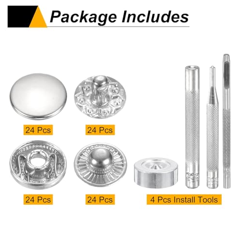 HARFINGTON 24Set Leather Snaps Fasteners Kit 10mm Dia Brass Press-Stud Cap Button 2.72" Length Metal Snap Buttons with 4 Install Tools for Coat Bag Leather Marine Boat Canvas, Silver - color: Silver