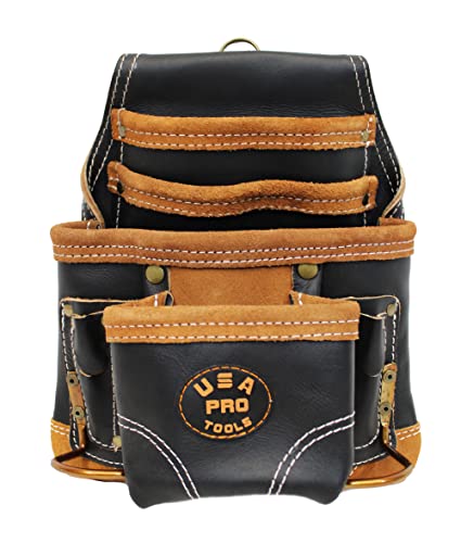 Leather Tool Pouch for Carpenter | Best for Electricians, Plumbers, Handyman and Framers | 10 Pockets with 2 Stainless Steel Hammer Holders - color: Black