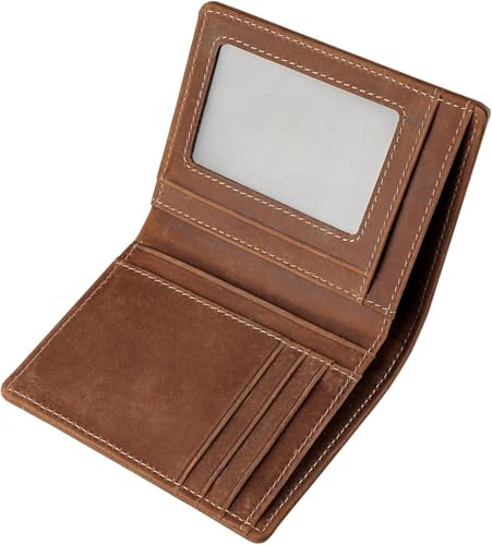 Bifold Vertical Wallet for Men, Full Grain Leather RFID Blocking | Mens Bifold Wallet with ID Window, 7 Card Slots & 2 Cash Pockets, Front Pocket Compact Travel Wallet with Gift Box (Brown) - color: Coffee