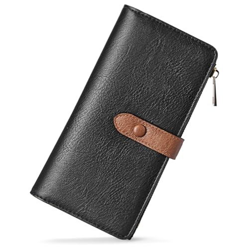 BOSTANTEN Womens Leather Wallet RFID Large Capacity Credit Card Holder | 4 ID Windows, 16 Card Slots, Zipper Coin Pocket, Clutch Wallet, Long Bifold, Ladies Gifts, Black＆Brown - color: B-Black＆Brown-oil wax