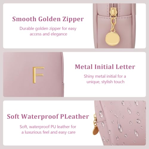 Initial Mini Makeup Bag Cosmetic Bag for Women | Personalized Gift, Toiletry Bags, 2 Mesh Pockets, Soft PU Leather, Water Proof Design, Smooth Zipper & Sturdy Build - size: 1pc Pink, style: F